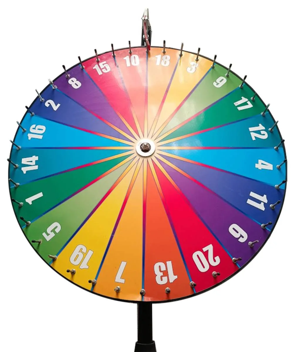 Roue de la fortune - Location de jeu pour événement en région PACA. Roue de la fortune : Dimensions : Hauteur 130 cm / Diamètre 90 cm / 20 sections multicolores numérotées de 1 à 20 (table NON incluse).